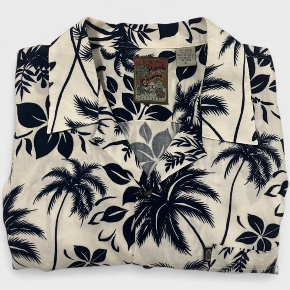 Vintage Pineapple Connection Hawaiian Shirt Cream Blue Floral Men's Size L Rayon